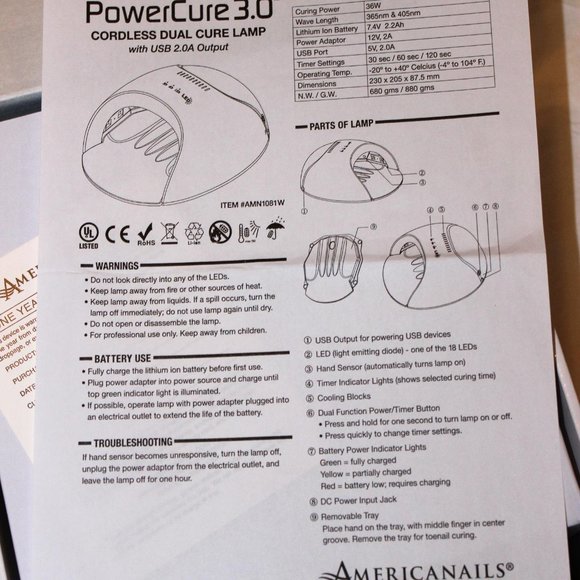 AMERICANAILS PROFESSIONAL UltraCure 54W CORDLESS DUAL CURE LAMP W/COOLING FAN - Picture 11 of 11